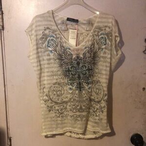 Affliction Women's Striped Top with Wing Design - Cream